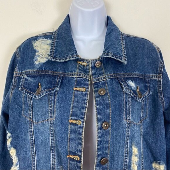 MARCI Distressed Denim Jean Trucker Jacket Sequin Pineapple Back Size Medium - Picture 5 of 9